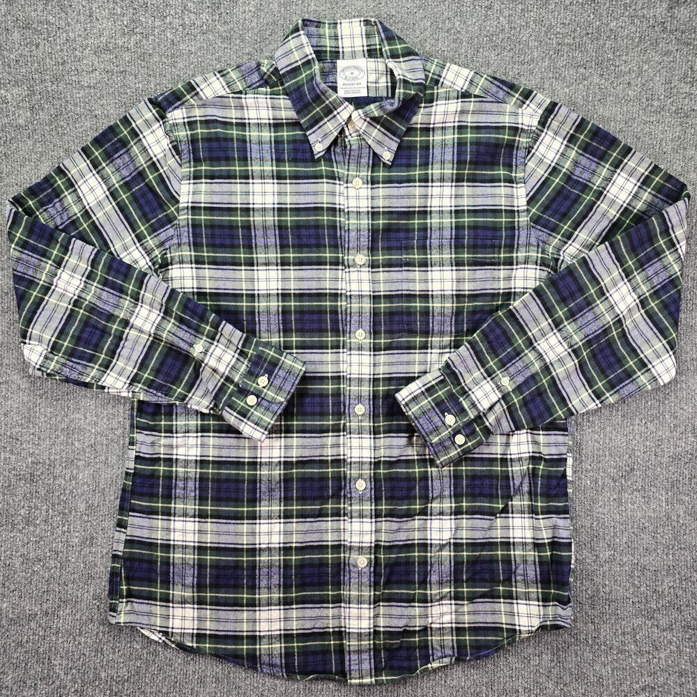 Brooks Brothers Shirt Mens Medium Blue Green Plaid Regent Fit Cotton Button Down